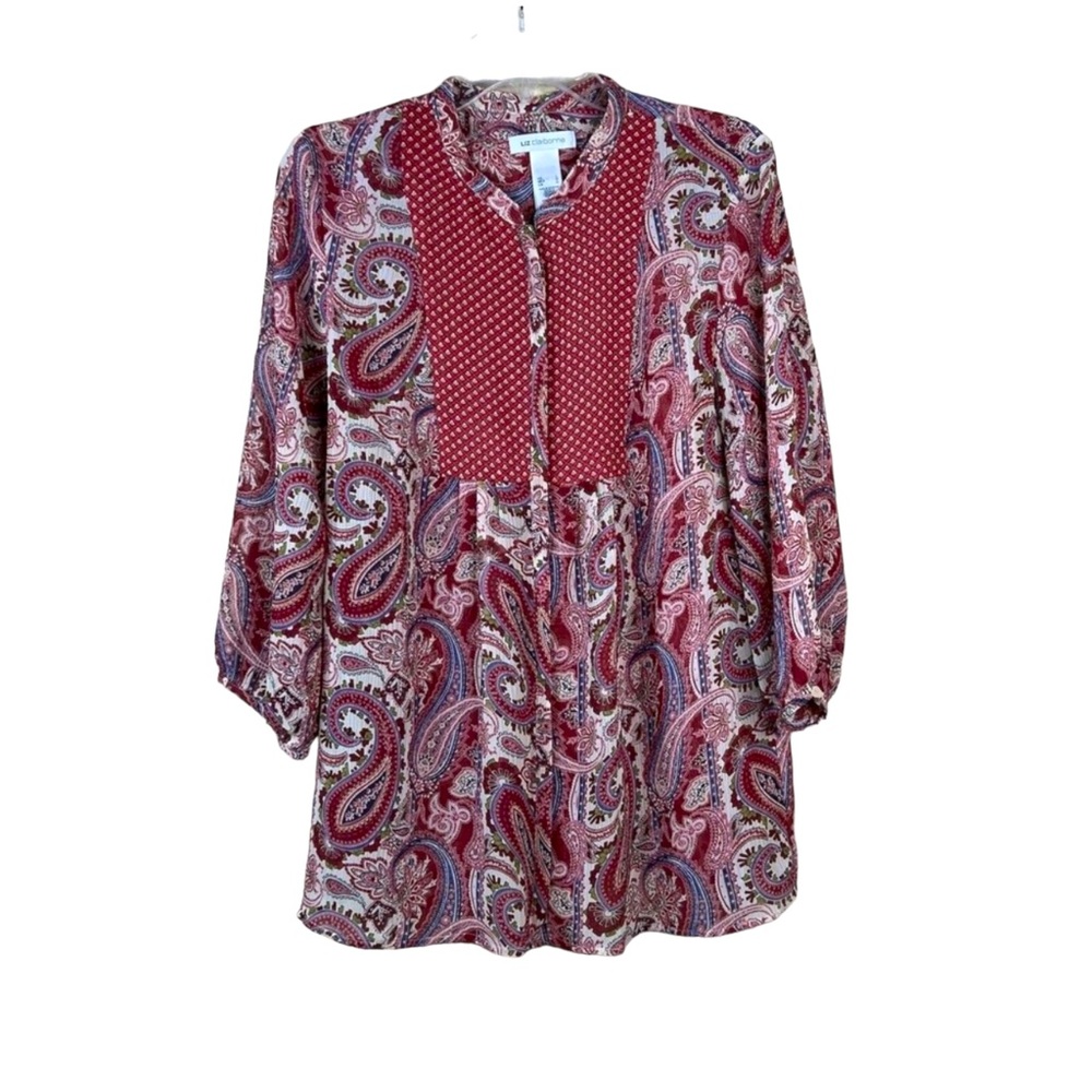 Women's Liz Claiborne Multicolor Orange Long Sleeve Boho Button Front To…